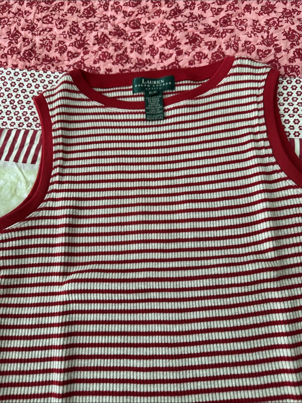 Lauren Ralph Lauren Red and White Striped Ribbed Sleeveless Top